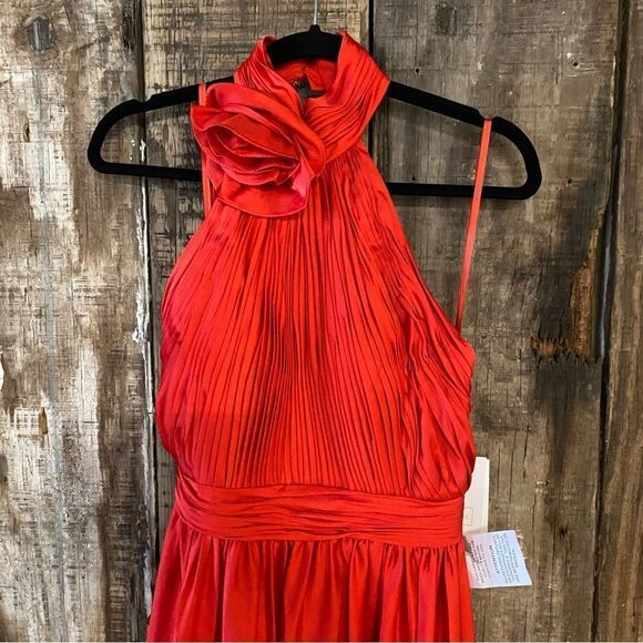 NWT Mac Duggal Red Soft Tie Halter Neck High Slit Gown dress rosette chiffon 0 - Picture 11 of 12